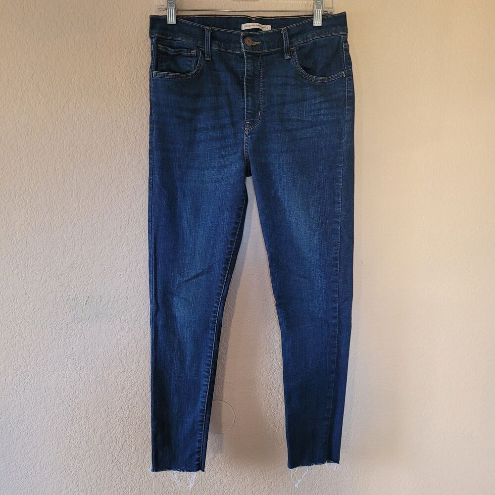 Levis 720 Jeans Size 31 Womens High Rise Super Skinny Dark Wash Blue Raw Hem